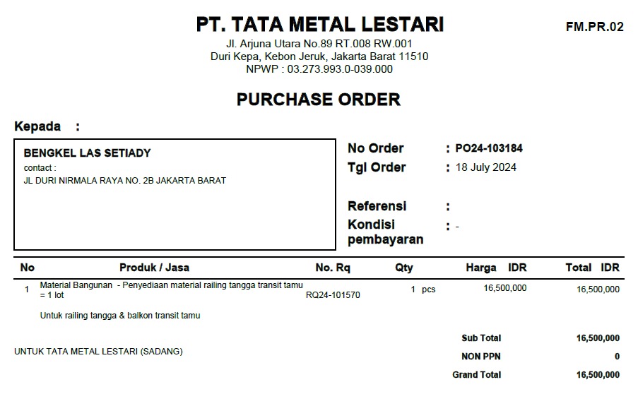 TML - Penyediaan material railling tangga transit tamu oleh Bengkel Las Setiady